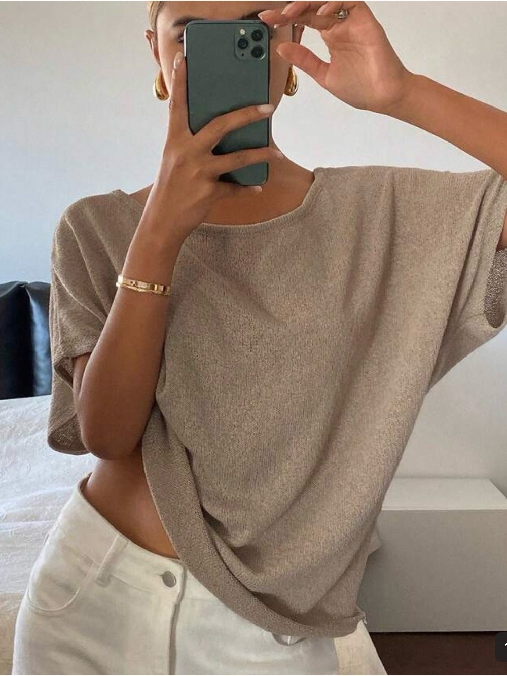 Relaxed Short-Sleeve Knit Top in Taupe